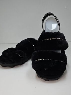 Faux Fur Black Crystal-Trim Women's Slide Sandals